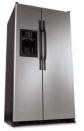 HEAVY METAL: For the look of stainless steel for less, try the Hotpoint side-by-side refrigerator. The silver metallic finish resists fingerprints and is easy to clean, the company says. The refrigerator features a 25-cubic-foot capacity, up-front electronic temperature controls, adjustable glass shelves, water filtration system, and a sealed vegetable/fruit crisper.