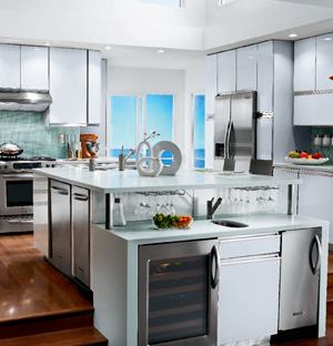 Nothing says modern better than Eurostyle cabinetry. KraftMaid's Venicia collection features a sleek design with frameless construction. Venicia's three lines—Mirra, Lustra, and Natura—offer storage solutions, glass designs, vent hoods, and decorative hardware. The collection comes in 28 door styles and 31 finishes ranging from metallics to highly reflective colors such as chianti and oceana. The collection also has brushed aluminum or stainless steel cabinet legs for a more customized feel. For more information, call KraftMaid at 440-632-5333 or visit www.kraftmaid.com.