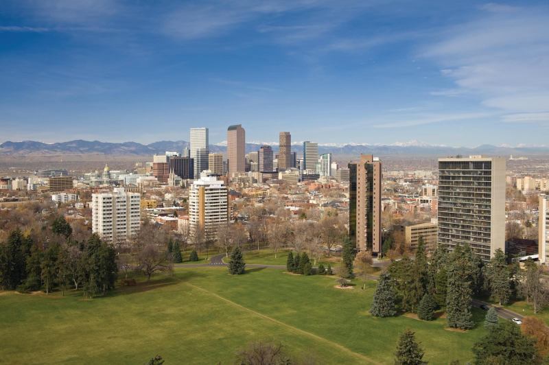 Denver skyline and Cheeseman Park.