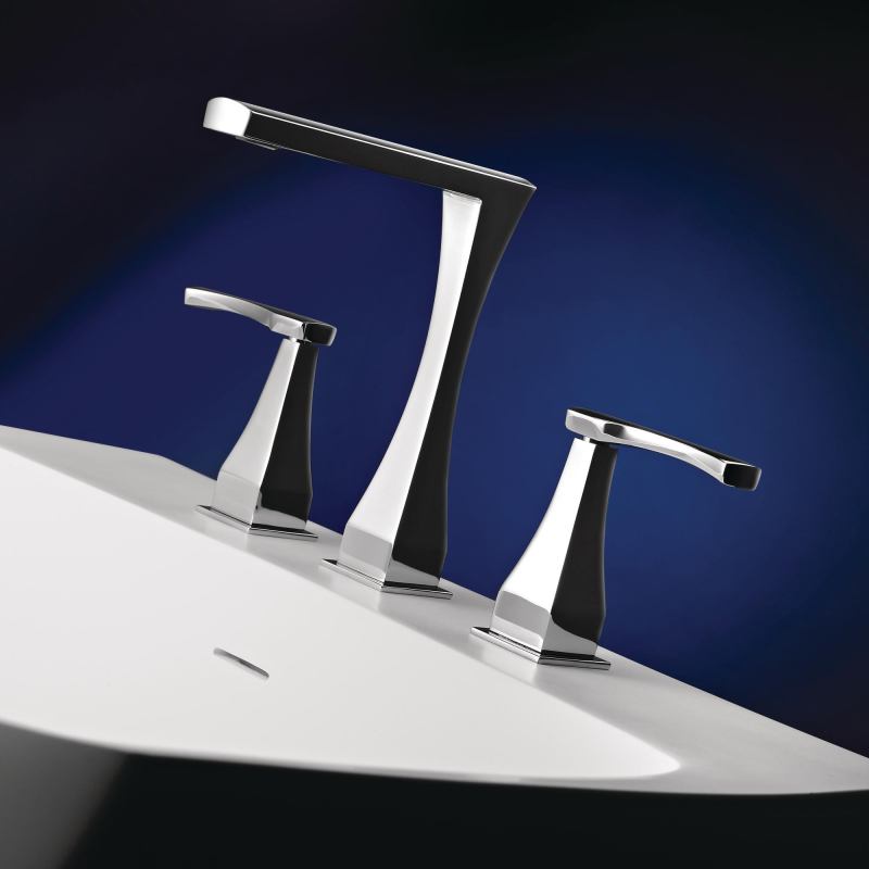 Hastings Tile & Bath. The Chelsea H125 faucet offers a WaterSense-certified flow rate of 1.5 gpm. The unit combines a curvaceous, hourglass-like shape with square corners and a slender spout. It comes in 35 finishes. 516.379.3500. www.hastingstilebath.com.