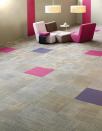 Shaw Contract Groups new line of modular carpet, No Rules, is available in three patterns: Byline, a medium-scale geometric block pattern; Linage (shown above), a medium-scale pattern with intersecting lines; and Link, a medium- to large-scale organic oval pattern. Each pattern has 12 color options. The line features EcoWorx tile backing. ¢ shawcontractgroup.com