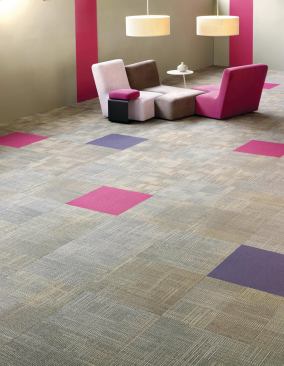 Shaw Contract Groups new line of modular carpet, No Rules, is available in three patterns: Byline, a medium-scale geometric block pattern; Linage (shown above), a medium-scale pattern with intersecting lines; and Link, a medium- to large-scale organic oval pattern. Each pattern has 12 color options. The line features EcoWorx tile backing. ¢ shawcontractgroup.com