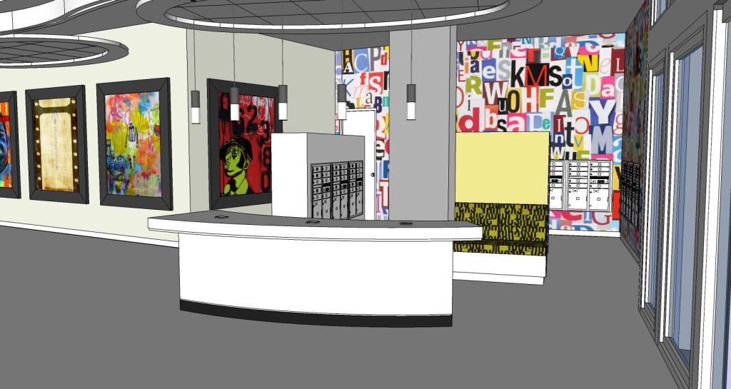 H Street's lobby will feature a visually stunning common area characterized by moveable digital art, connectivity kiosks, and electric signs flashing community information.
