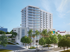 An exterior rendering of the front of Cassa Grove, with the Metrorail visible to the left.