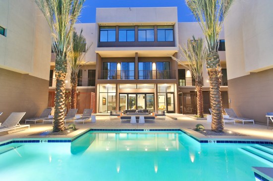 Beside Dusk's pool are lounging spots with a fire pit, and all apartments have either a patio or balcony, many of which face the golf course or greenbelt.