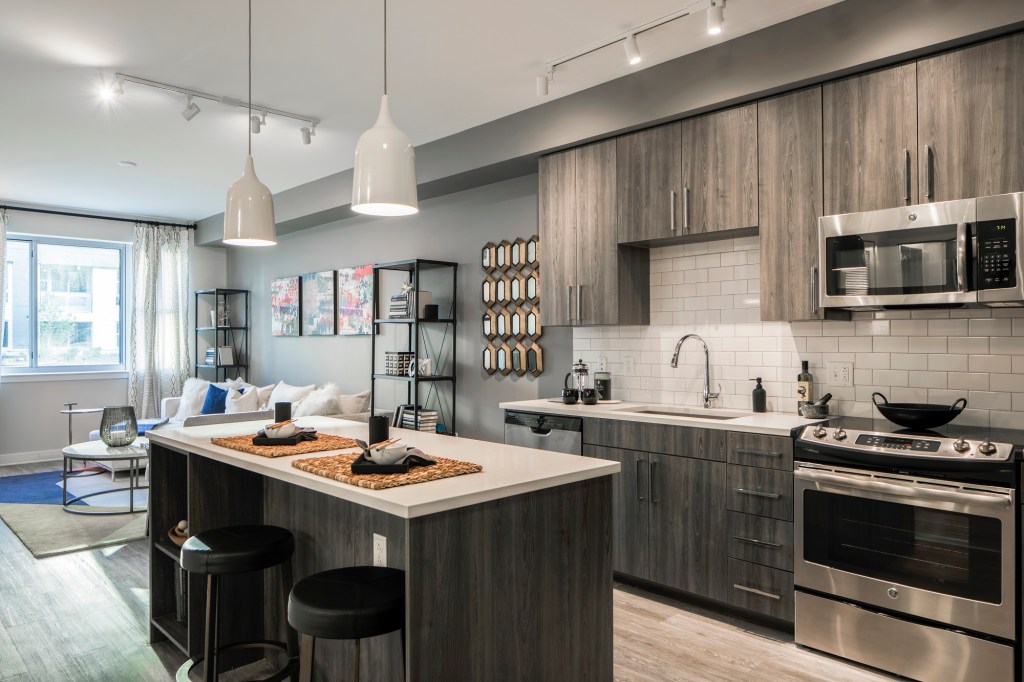 The neutral palette in Anthem House's smaller-scaled apartments is a favorite for appealing to a wide demographic. Bolder hues are reserved for the large public spaces.