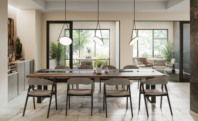 The NRP Group's Knoll in Austin features a conference room with a coffee bar and smaller meeting spaces off to the sides.