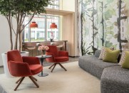 Solhem and TEMiller Development’s Ox-Op development in downtown Minneapolis welcomes residents and guests with a wallpapered street-level lounge designed by Martha Dayton Design.