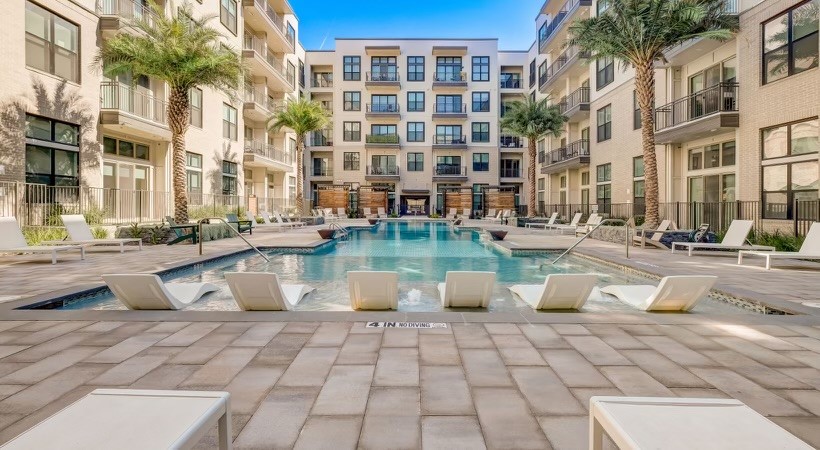 Developed in 2021, Augusta Flats is a community of five-story buildings with studio, one-, and two-bedroom apartments in historic downtown San Antonio.