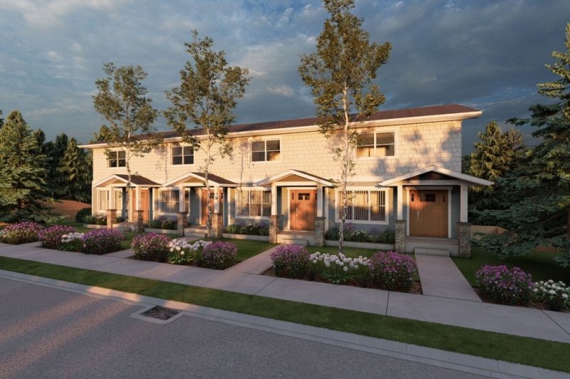 Simple multifamily home design, front exterior. See details at Houseplans.