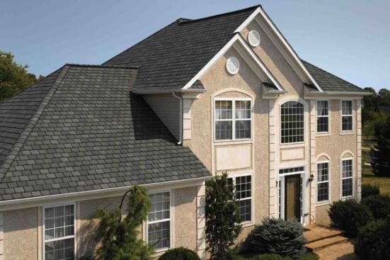 CertainTeed. Highland Slate roofing shingles combine the classic look of slate roofing with a selection of vibrant color blends at an affordable value. Using proprietary precision color blending technology, each tab is individually colored to provide a striking, distinctive appearance in six colors: black granite, fieldstone, New England slate, smokey quartz (shown), Venetian red, and Tudor brown. The four-tab asphalt composite shingles measure 18 inches by 36 inches and are accented with dark shadow lines and a full 8-inch exposure. 800.233.8990. 
www.certainteed.com.