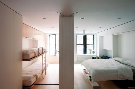 Some of the practical details of LifeEdited’s micro-unit prototype include an added guest room with floating bunk beds.