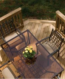 Wolmanized L3 Outdoor wood, which is suitable for decking, rails, fence boards, and out-of-ground applications, is preserved with carbon-based components instead of a metallic solution used by its competitors. The wood can be easily painted or stained and has a built-in water repellant. 
