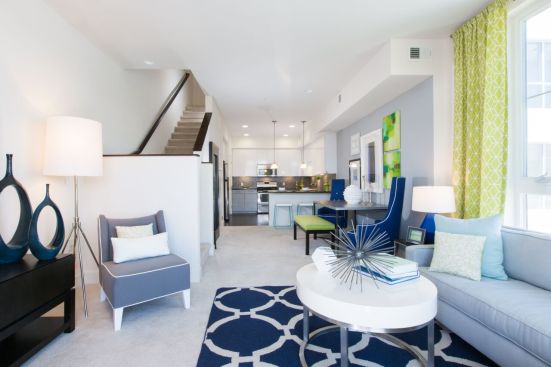 The living-room level of an apartment unit at the Domain. The
building recently took best-in-show honors in the Modular Building Institute’s
2015 Awards of Distinction.
