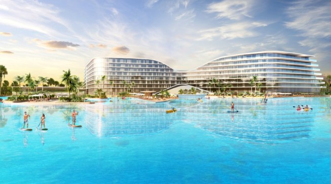 Lake Nona Resort and its Crystal Lagoons water feature are designed around each other, with a building section that cantilevers over the water.