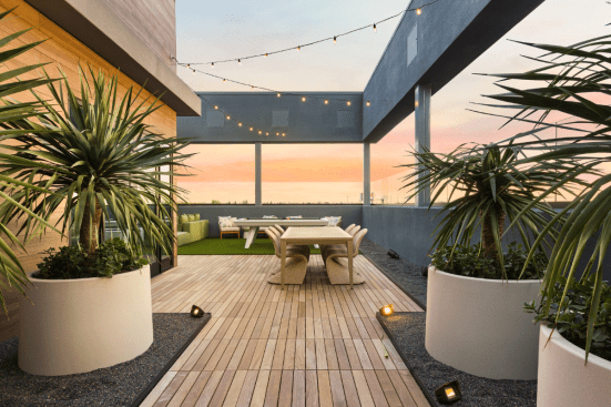 Jefferson Cenza's roof deck lounge and dining area in Placentia, California.