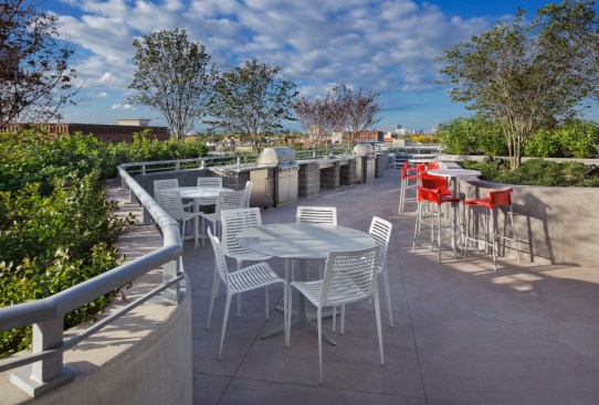 Inviting outdoor amenities at NewCity include a grilling area and a lounge with fire pit.