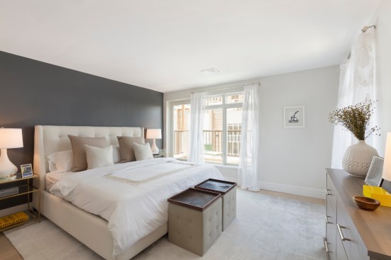 Most of the three-bedroom apartments at Saltmeadow include a balcony, access to a rooftop terrace, and water views.