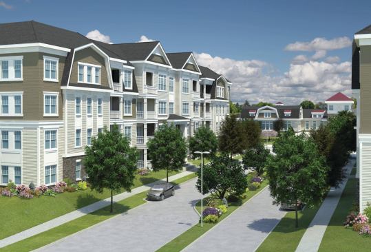 A typical boulevard at Toll’s ­Plymouth Road development. The community will feature a 10,000-square-foot clubhouse, a dog park and walking trail, and ­several sustainable amenities, including rain gardens, white roofs, electric-car chargers, drought-­tolerant landscaping, and water-saving fixtures.