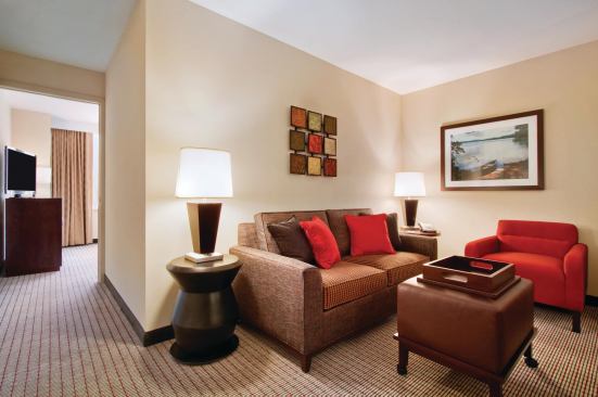 A living room at Homewood Suites by Hilton in University City, designed for out-of-town visitors coming for Philadelphia’s state-of-the-art health care and academic facilities. 

