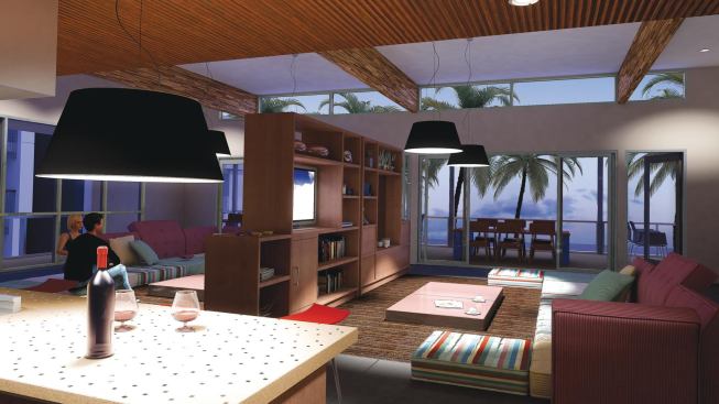 HOME VACATION: The resident lounge is among several resortlike amenities at Stella, including a pool and spa with mini beach rooftop deck and event kitchen; a fitness center with separate yoga studio; and wine lockers.

